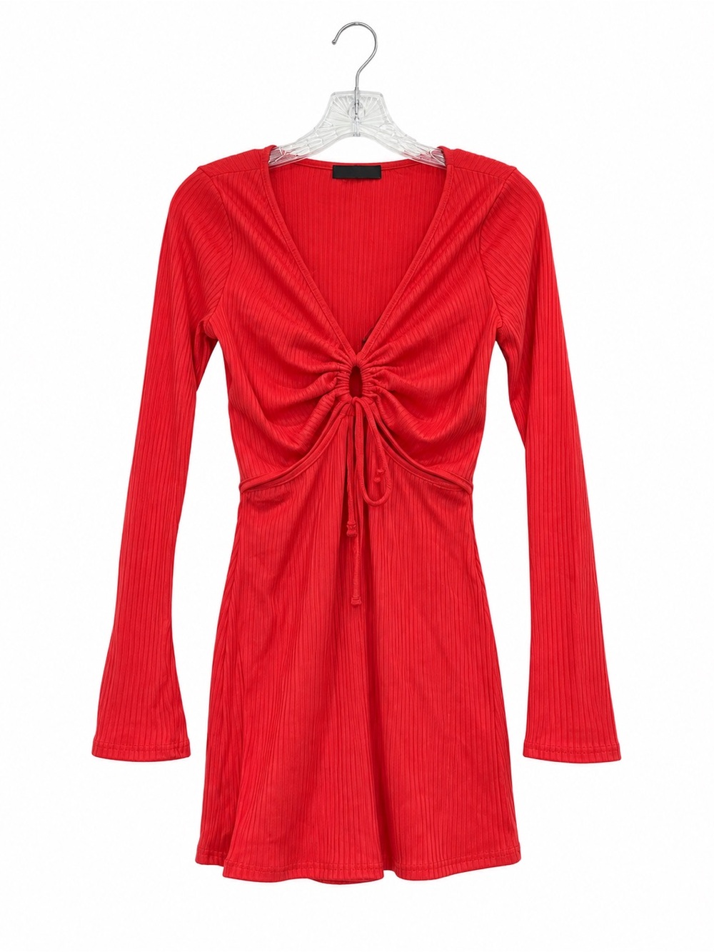 Lulus Red Ribbed Ruched Long Sleeve Romper Size Small NWT - Picture 3 of 5